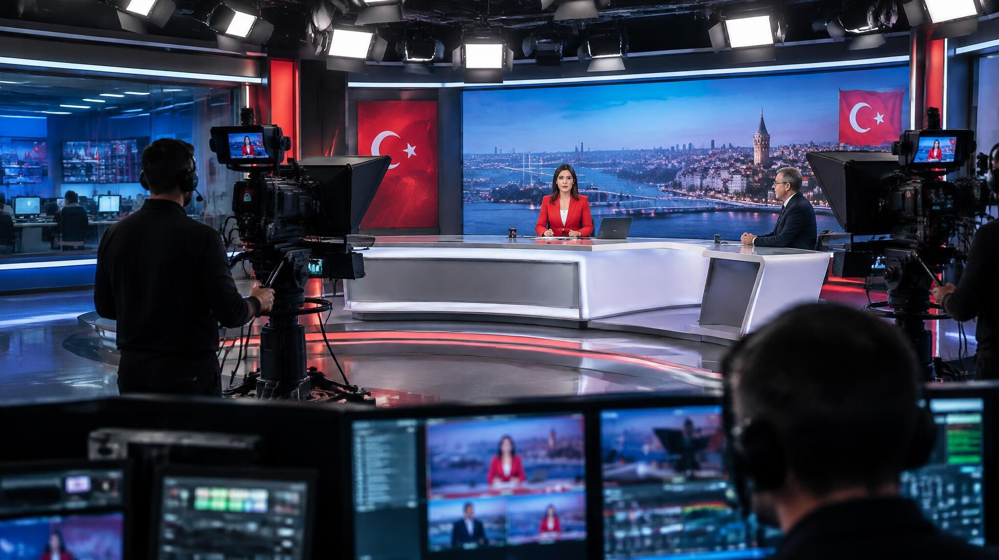 Modern TV broadcast studio control room with cameras and lighting