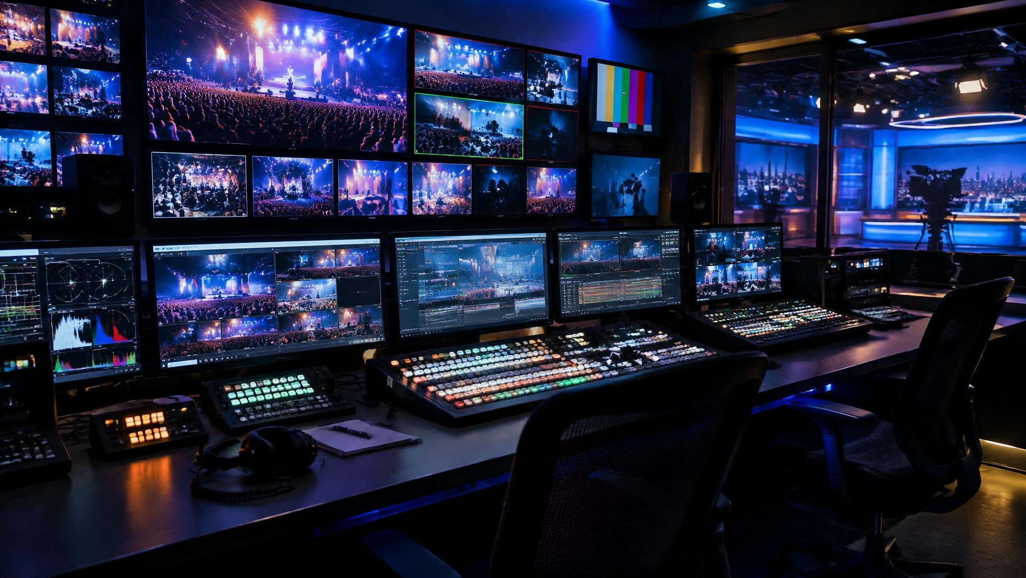 Broadcast control room with multiple monitors and technical staff